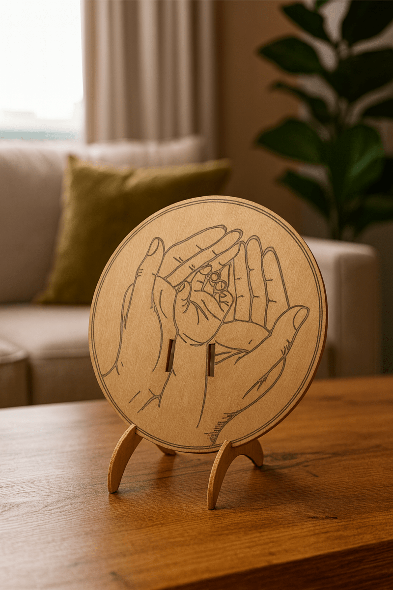 Recuerdo de nacimiento en madera – Manos de madre y bebé con pulsera hospitalaria