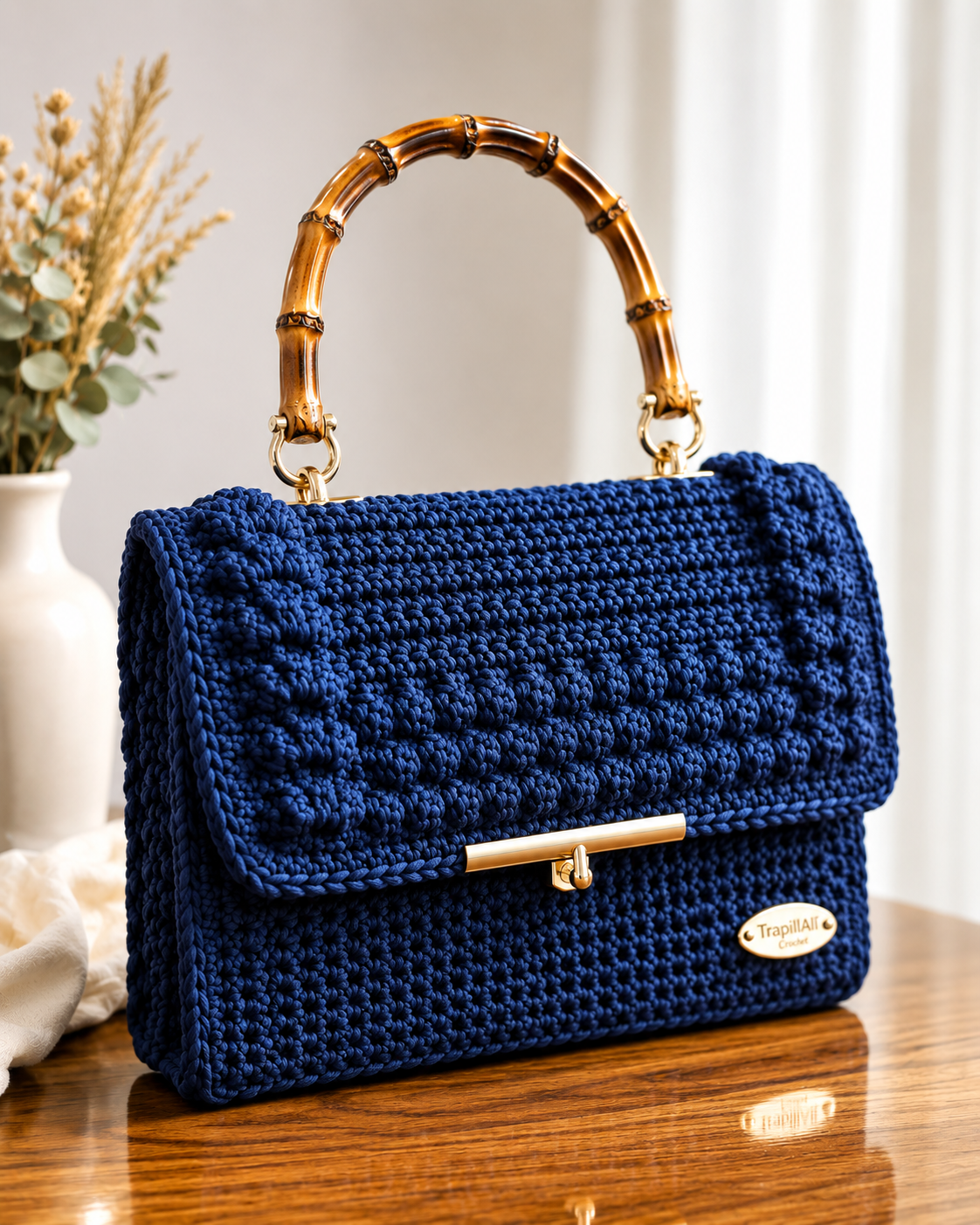Bolso de crochet azul marino Alia Siena con asa efecto bambú