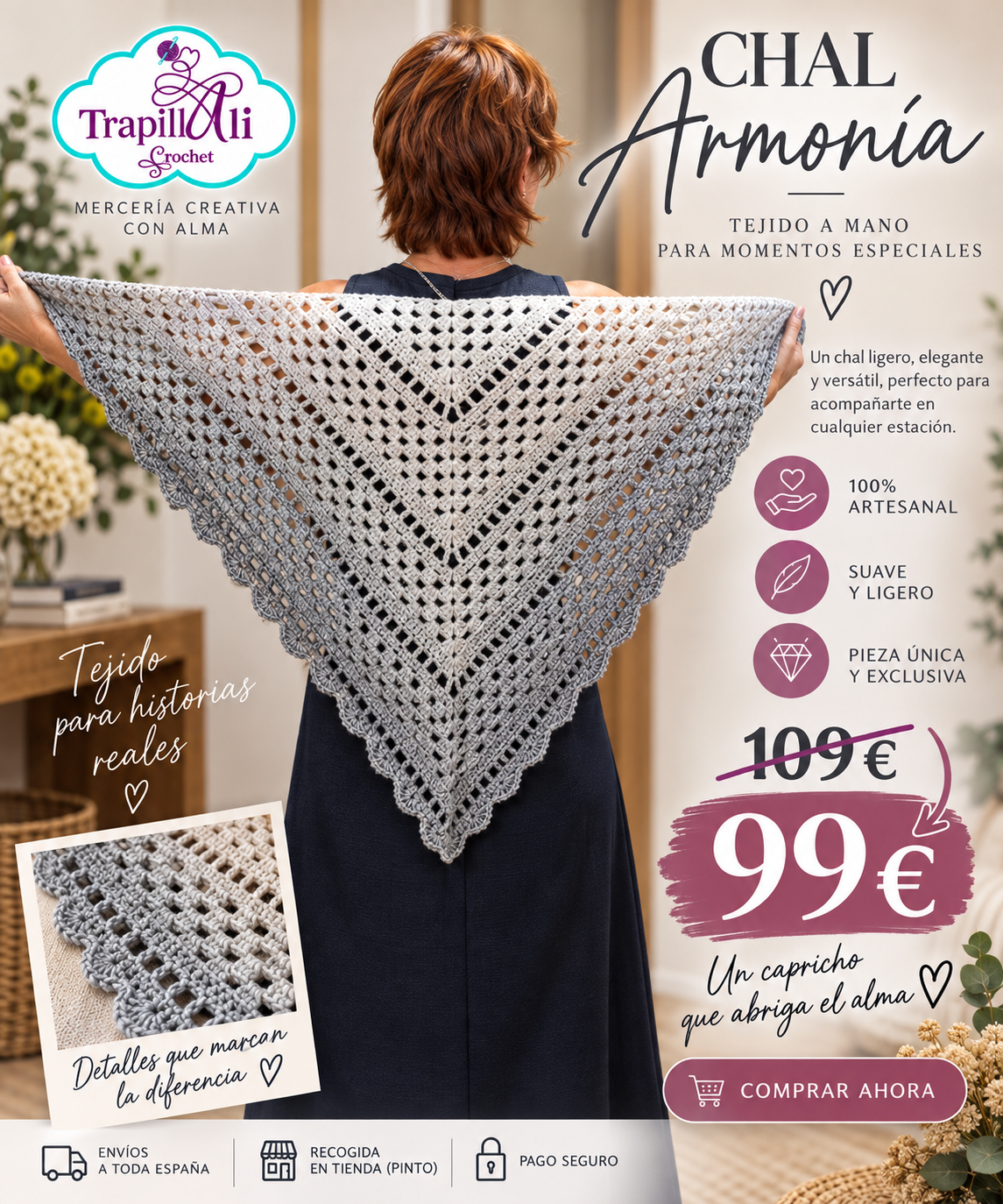 Chal Armonía de crochet artesanal hecho a mano, complemento elegante para mujer.