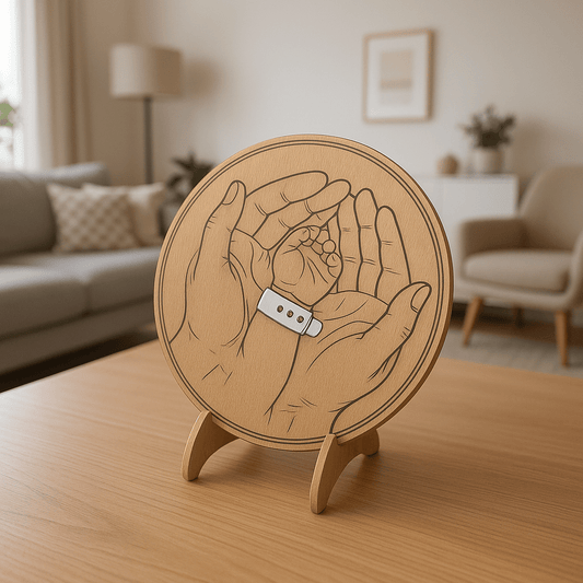 Recuerdo de nacimiento en madera – Manos de madre y bebé con pulsera hospitalaria